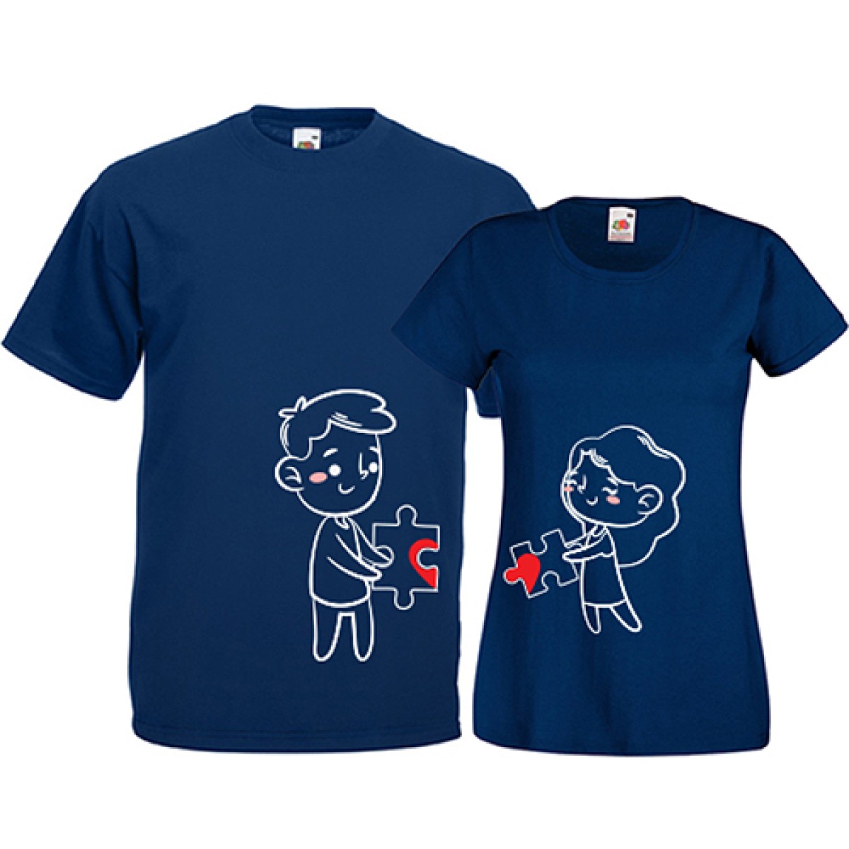 Set tricouri pentru cuplu Puzzle inima: design continuu intre cele doua tricouri formand o inima